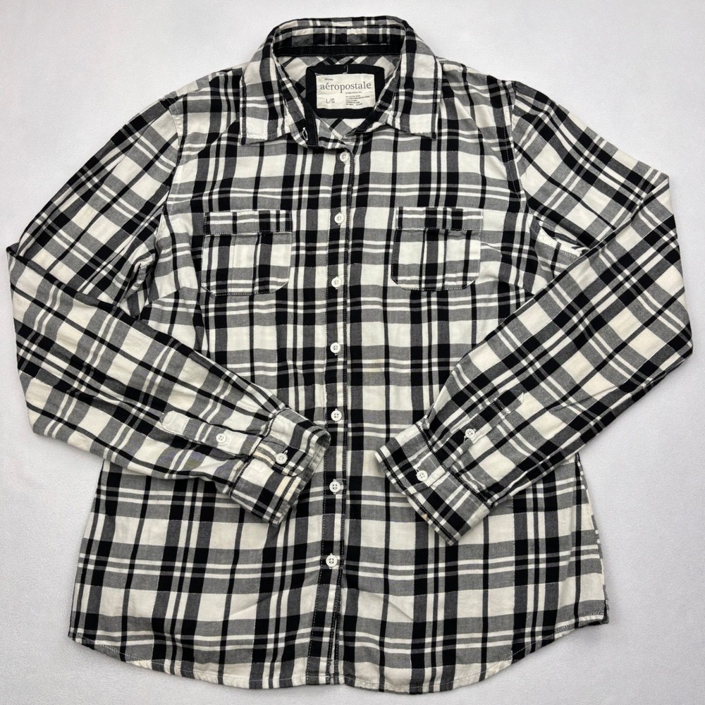 Aeropostale Shirt Womens Large Black White Plaid Sparkle Flannel Button Down Top